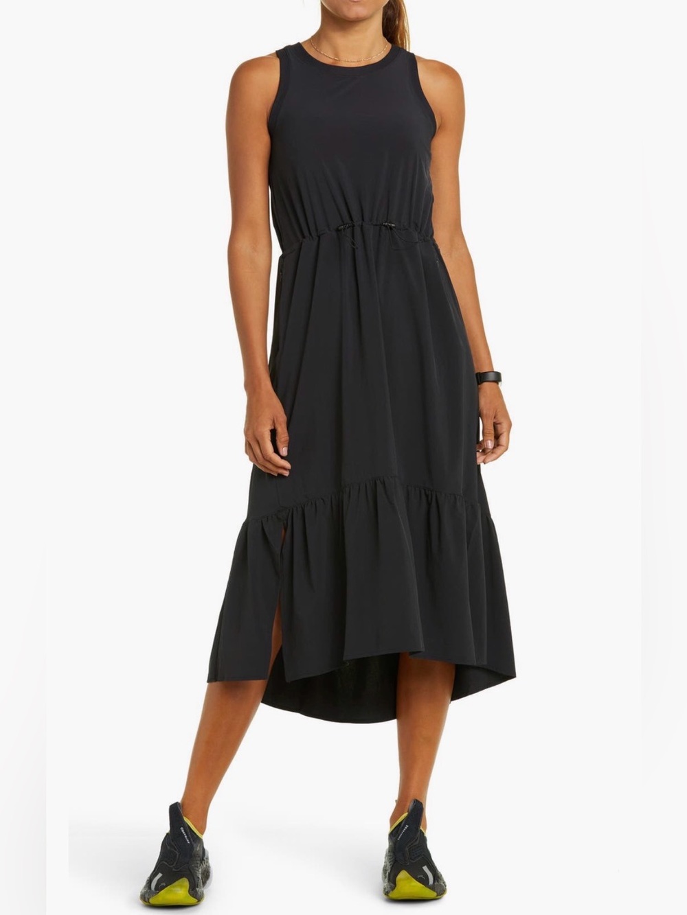 Zella Pursuit tiered Sleeveless Black Midi Dress